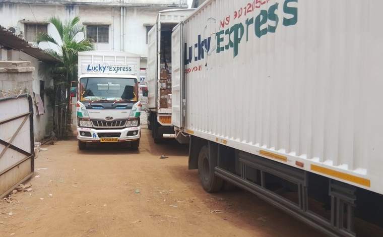 Lucky Express Cargoes lorries loading part load freight at the Vijayawada branch